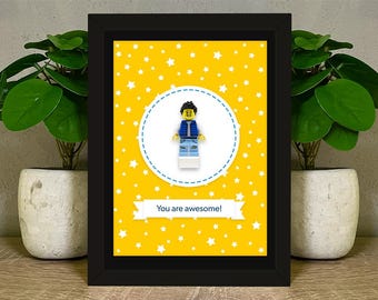 Personalized LEGO® Figure Frame – Custom Minifigure Gift for Him, Her – Birthday or Christmas – Yellow Background