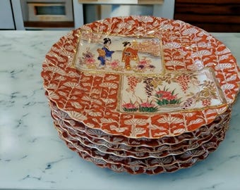 Antique Kutani Japanese Hand Paint RARE Plates set 6 geisha Ruffled Story 7.5"