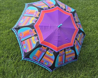 Vintage Cats Laural Burch Cat Umbrella Top Turquoise Hook Handle 1990s Colorful