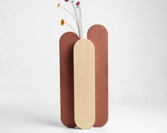 Minimalist design flower vase crafted from maple wood and red ochre dyed fibreboard - STICKS: decorative wooden vase for dried flowers.