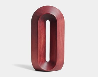 wood carved art object stained to berry tones | wood minimalist sculpture | modern art sculpture | wood art object | black and red art.
