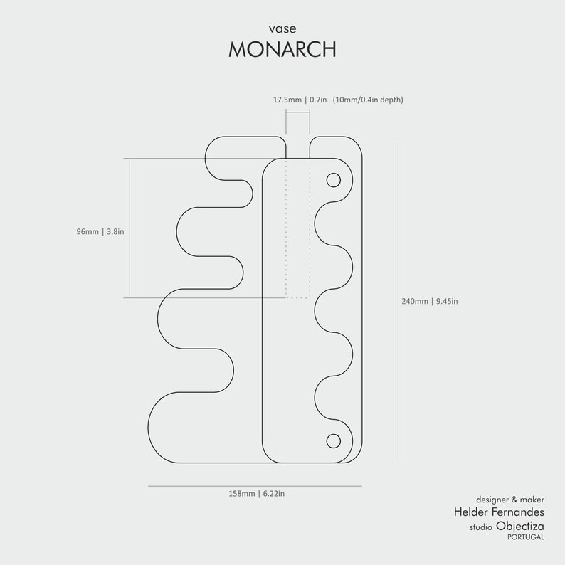 decorative vase MONARCH drawings and dimensions.