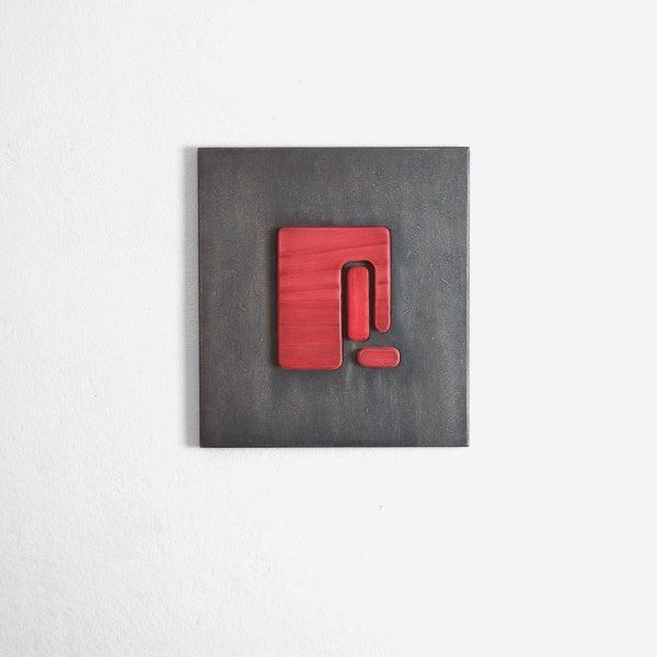 Wall art textured black square with red dyed wood abstract elements - ARCH6 contemporary art wall decor.