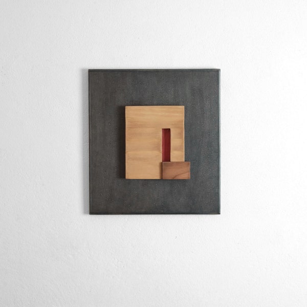 Wall art black textured square with dyed wood geometric shapes - ARCH5 handmade wall sculpture.