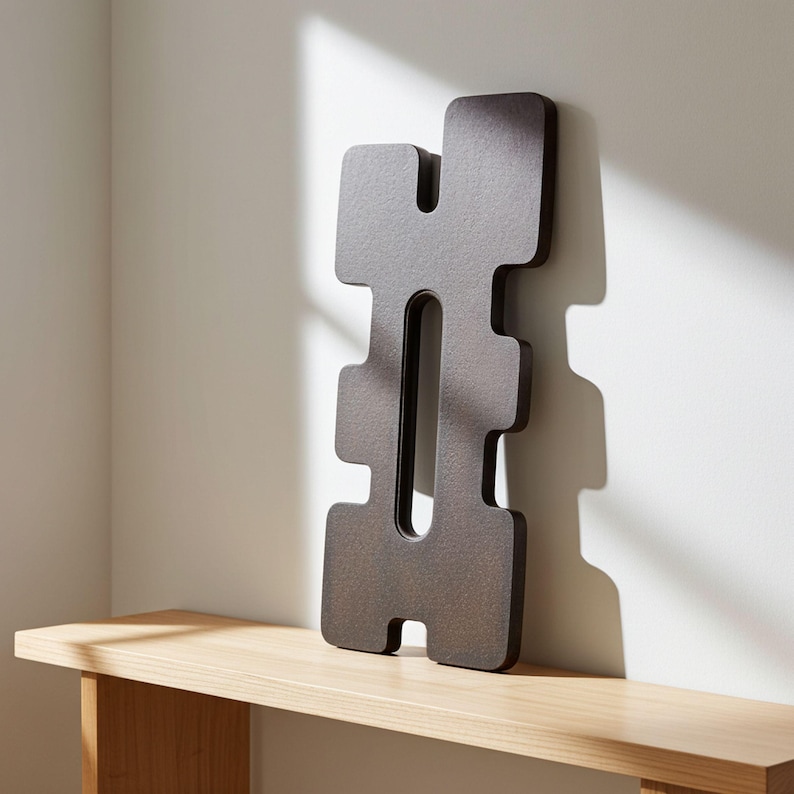 Abstract tabletop sculpture with a symmetrical, totem-like form in dark material, placed on a light wooden shelf against a white wall. The piece features rounded edges and a central vertical cutout, evoking a stylized figure or emblem. Sunlight casts soft shadows, emphasizing the sculpture’s depth and minimalist elegance.