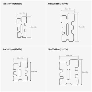 May include: A set of four black outline diagrams of irregular, notched rectangular shapes with central cutouts. Each diagram includes dimension lines and text labels for sizes 24x56cm (10x22in), 33x76cm (13x30in), 38x51cm (15x20in), and 53x68cm (21x27in).