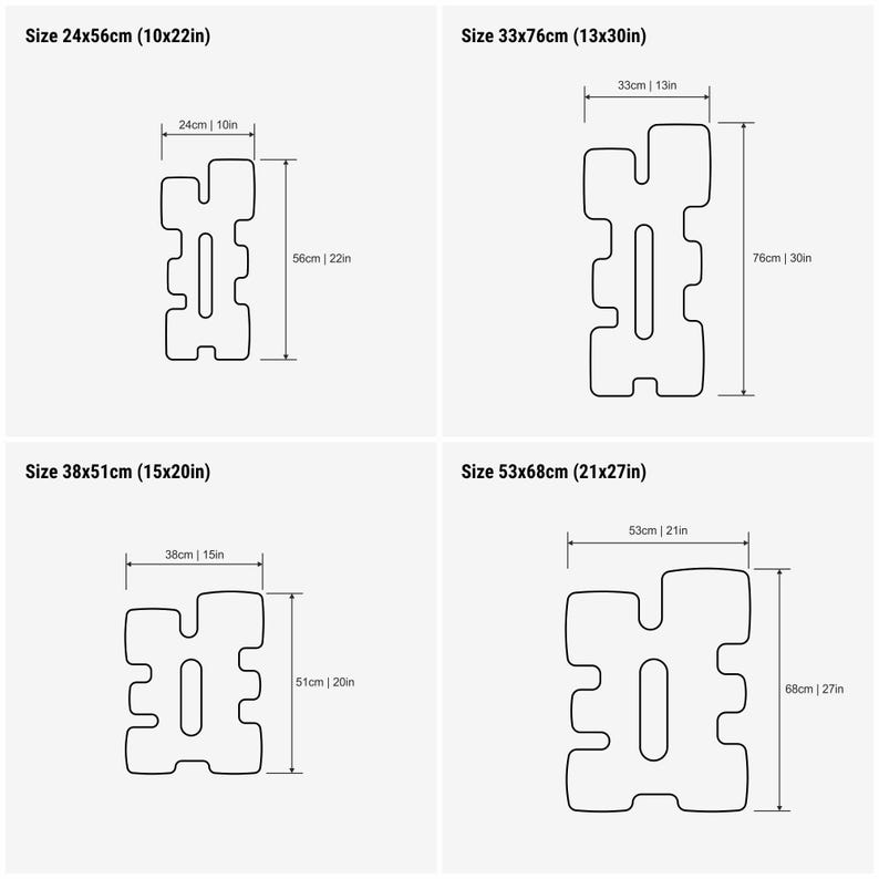May include: A set of four black outline diagrams of irregular, notched rectangular shapes with central cutouts. Each diagram includes dimension lines and text labels for sizes 24x56cm (10x22in), 33x76cm (13x30in), 38x51cm (15x20in), and 53x68cm (21x27in).