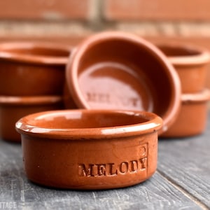 Può includere: Un set di sei ciotole in ceramica color terracotta, con una ciotola in primo piano che presenta la parola "MELODY" impressa sul lato.