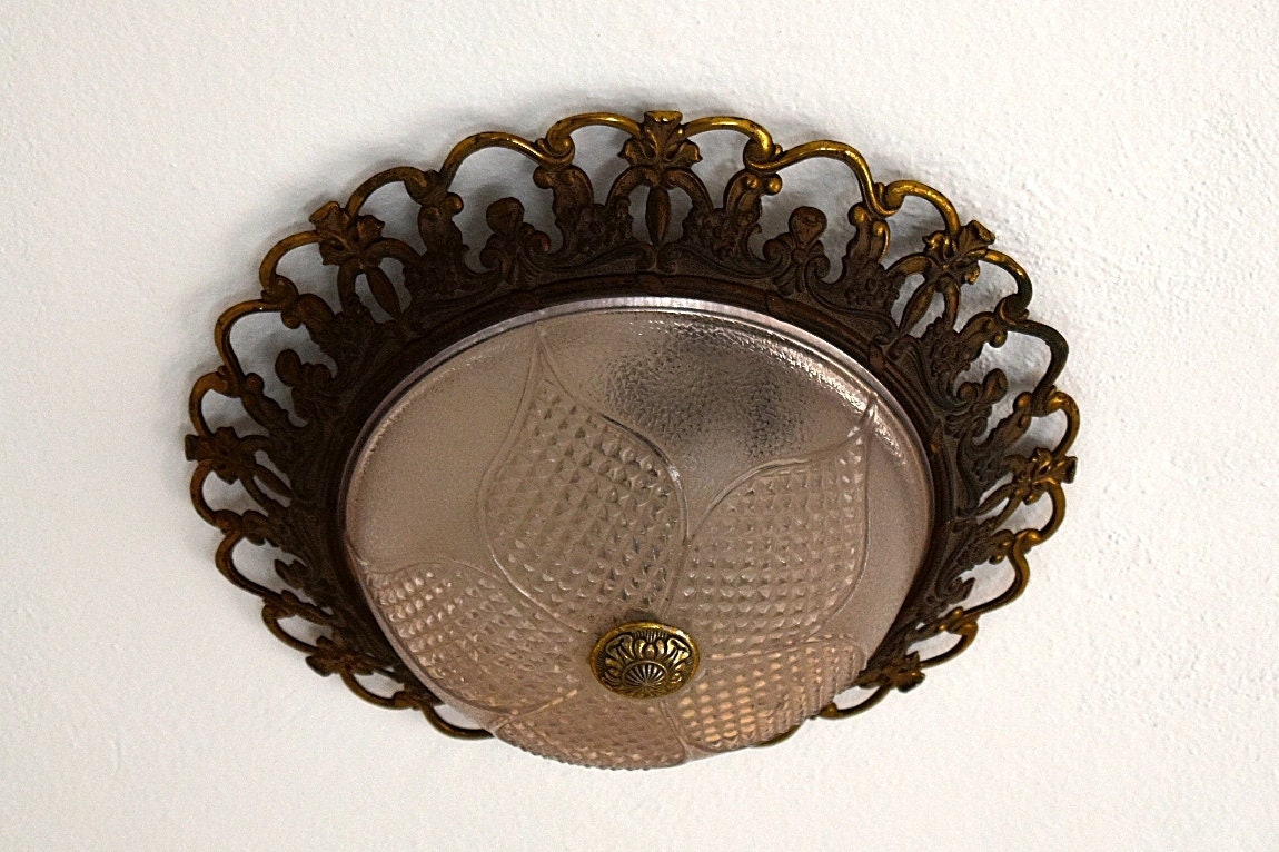 Vintage 60s/80s Antique Styled Ceiling Boob Lamp| Lighting Spanish Fancy Wall Light Bronze Metal Glass Flower Plate Flat Small Lamps Retro