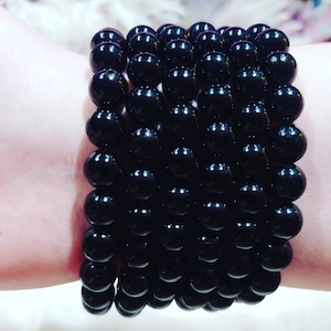Black Tourmaline Crystal Bracelets 8MM Crystal Bracelets Polished Crystal Bead Stretchy Elastic Bracelet Stretch Bracelet Bead Bracelet Gift