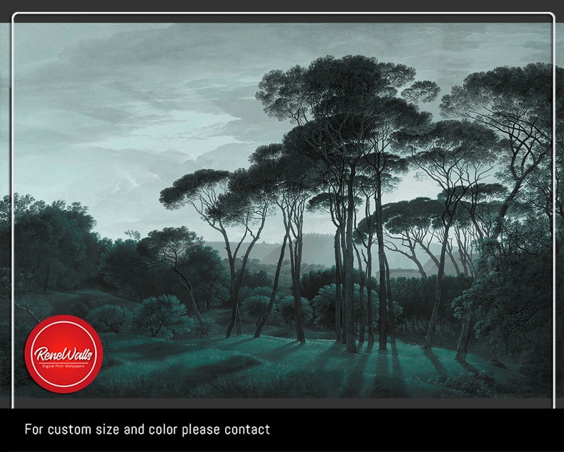 European Painting Wallpaper Monochrome Green Engraved Trees Etsy