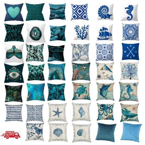 Aqua Turquoise Blue Nautical Marine Geometric Cushion Cover Teal Abstract Décor