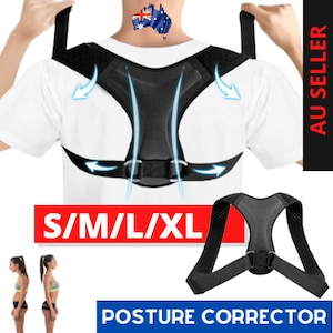 May include: Black posture corrector with adjustable straps. The corrector is designed to help improve posture and reduce back pain. The image shows the corrector being worn by a person and a close-up of the corrector itself. S/M/L/XL sizes are shown.  POSTURE CORRECTOR text is also shown.