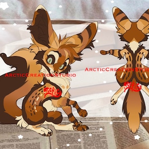 May include: A digital illustration of a brown and tan fennec fox with large ears. The fox is shown in two poses, one sitting and one standing. The background is a blurry image of a book.