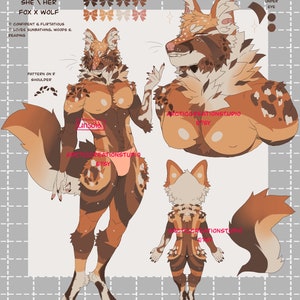 May include: Digital illustration of a fox-wolf hybrid character with brown, orange, and white fur. The character has a spotted pattern on its body and is shown in three different poses. The text "Arctic Creations Studio Etsy" is visible on the image.