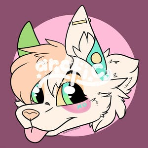 May include: A cartoon illustration of a dog-like character with large, expressive eyes and a pink tongue sticking out. The character has a light peach-colored fur, green and teal accents, and a pink circle background. The text "arctic" is partially visible.