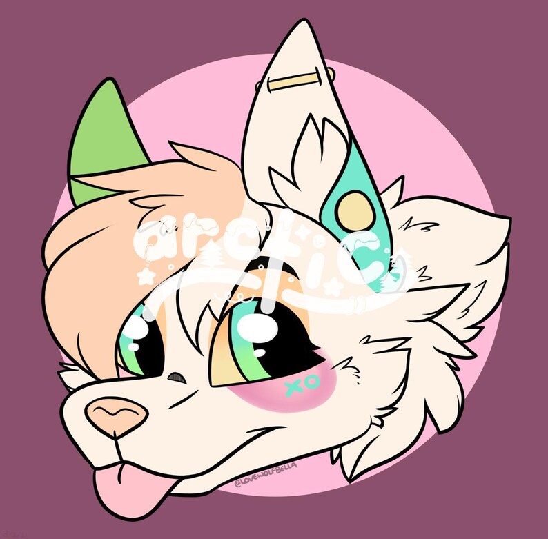 May include: A cartoon illustration of a dog-like character with large, expressive eyes and a pink tongue sticking out. The character has a light peach-colored fur, green and teal accents, and a pink circle background. The text "arctic" is partially visible.