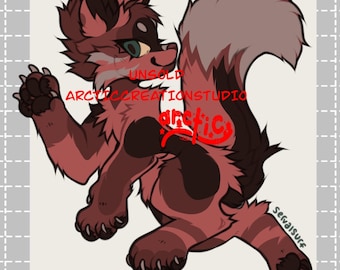 May include: A digital illustration of a red and black furry creature with a long tail. The creature is standing on all fours and has a playful expression on its face. The text "UNSOLD ARCTICCREATIONSTUDIO" is visible in the image.