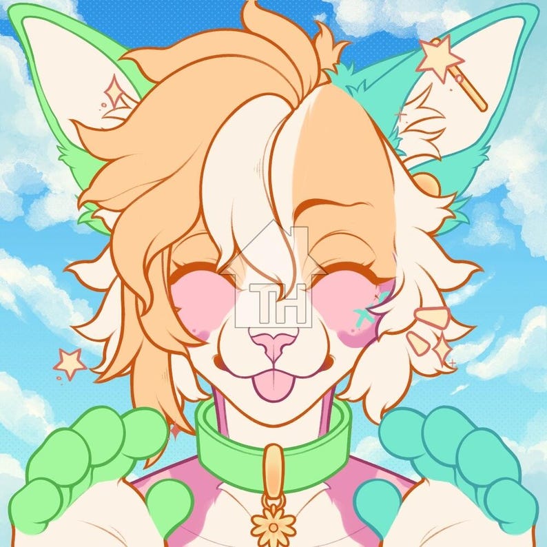 May include: A digital illustration of a cartoon character with a furry appearance. The character has orange and white fur, pink cheeks, and closed eyes. It wears a green collar with a flower pendant and has green paws. The background features a blue sky with white clouds.