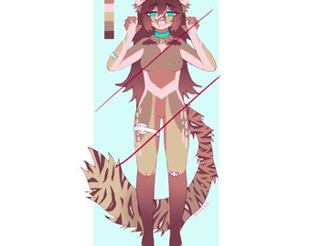 May include: A digital illustration of a furry, anthropomorphic cat with brown, tan, and white fur. The cat has a long, brown tail with black stripes, and is wearing a turquoise collar with a gold bell. The cat has a heart-shaped symbol above its head.
