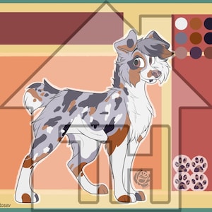 May include: A digital illustration of a dog with a merle coat featuring patches of gray, white, and brown. The dog has a fluffy white chest, floppy ears, and a friendly expression. A color palette of circles and four paw prints are visible.