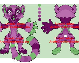 May include: A digital illustration of a cartoon lemur-like creature in shades of purple and green, with the text "Unsold adopt ArcticCreationStudio". The creature is depicted from the front and back, with its arms outstretched.