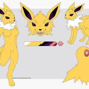 Puede incluir: Ilustración digital de un personaje Jolteon amarillo en múltiples poses. El personaje tiene pelo amarillo puntiagudo, orejas con puntas negras y un cuello blanco. También se incluye una paleta de colores y una huella de pata.