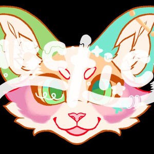 May include: A colorful cartoon cat face with green eyes, pink cheeks, and a red mouth. The cat has green and blue ears with decorative accents. A star-shaped earring hangs from one ear. The background is black.