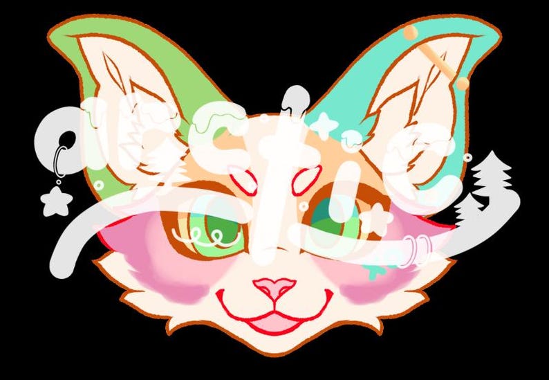 May include: A colorful cartoon cat face with green eyes, pink cheeks, and a red mouth. The cat has green and blue ears with decorative accents. A star-shaped earring hangs from one ear. The background is black.