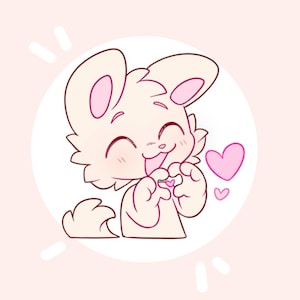 Puede incluir: Ilustración de dibujos animados de un conejo sonriente de color claro con acentos rosados. El conejo está haciendo una forma de corazón con sus manos y tiene dos corazones rosas flotando cerca. El fondo es de color rosa claro con un círculo blanco detrás del conejo.