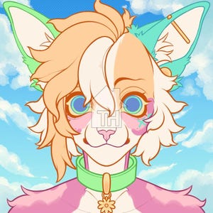 May include: Digital illustration of a stylized anthropomorphic cat with peach and white fur, blue eyes, and a green collar. The background is a blue sky with white clouds. The cat has a flower pendant.