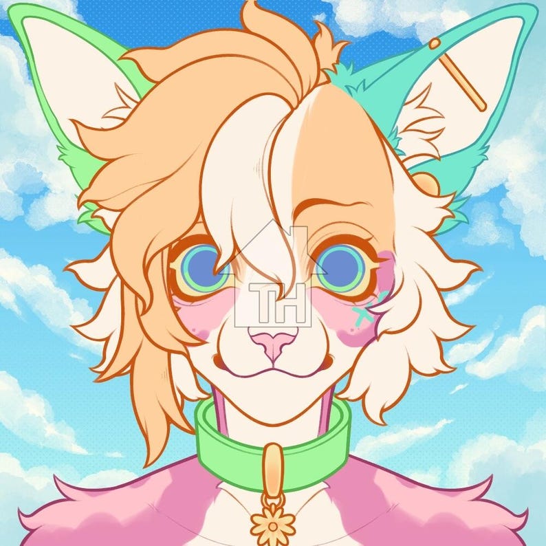 May include: Digital illustration of a stylized anthropomorphic cat with peach and white fur, blue eyes, and a green collar. The background is a blue sky with white clouds. The cat has a flower pendant.