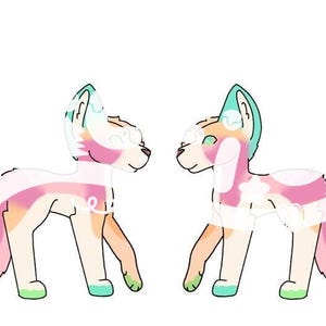May include: Two cartoon-style dog illustrations. Each dog has a white base with pink, orange, and blue accents. The ears and paws are light green and blue. The dogs are facing each other.