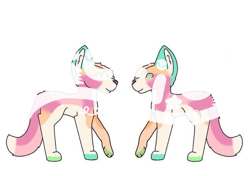 May include: Two cartoon-style dog illustrations. Each dog has a white base with pink, orange, and blue accents. The ears and paws are light green and blue. The dogs are facing each other.