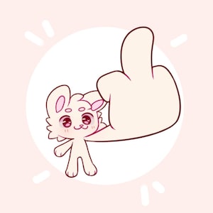 Puede incluir: Ilustración de dibujos animados de una pequeña criatura de color claro con acentos rosados, sosteniendo una gran mano que hace un gesto de pulgar hacia arriba. El fondo es un círculo rosa claro con líneas radiantes, sobre un fondo rosa suave.
