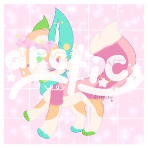 May include: A colorful cartoon illustration of a fox-like creature with a pink, orange, and teal color scheme. The creature has large ears, a fluffy tail, and is adorned with flowers and stars. The word "arctic" is written across the image.