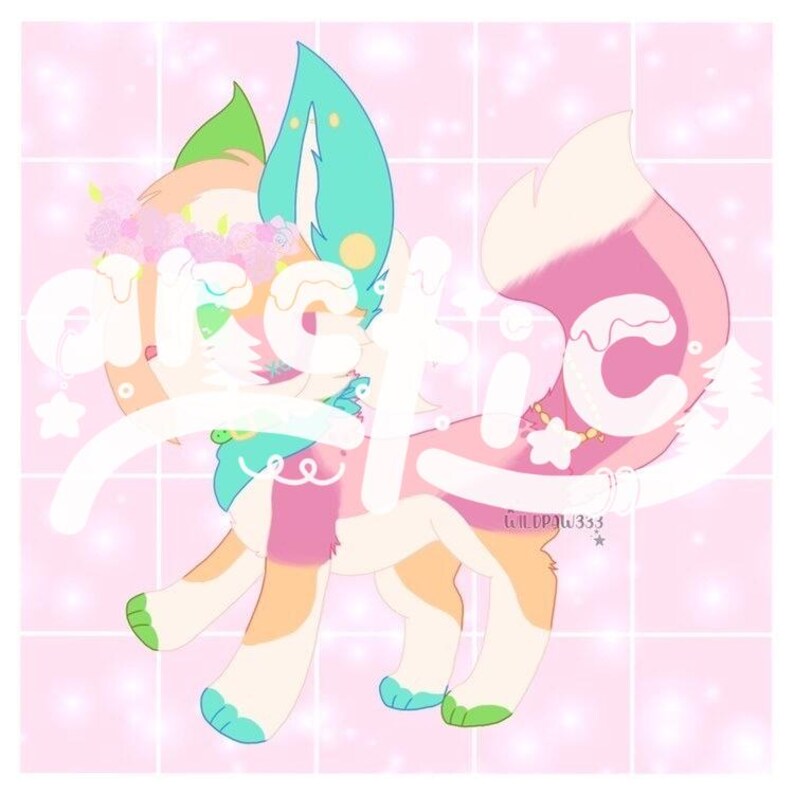 May include: A colorful cartoon illustration of a fox-like creature with a pink, orange, and teal color scheme. The creature has large ears, a fluffy tail, and is adorned with flowers and stars. The word "arctic" is written across the image.