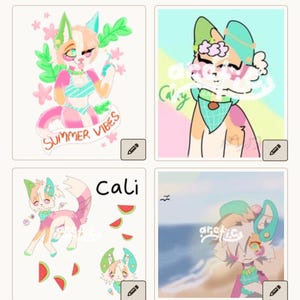 May include: A collection of colorful digital art featuring anthropomorphic animal characters with floral and summer-themed accessories. The artwork includes text such as "Summer Vibes" and "Cali". The color palette includes pink, green, and orange.