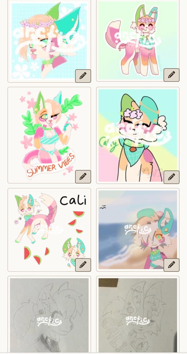 May include: A collection of colorful digital art featuring anthropomorphic animal characters with floral and summer-themed accessories. The artwork includes text such as "Summer Vibes" and "Cali". The color palette includes pink, green, and orange.