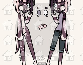 May include: A digital illustration of two cartoon dogs with pink and purple fur, one wearing a purple shirt and blue jeans, the other with no clothing. Both dogs have white spots and a pink nose.