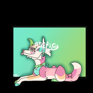 May include: A cartoon illustration of a dog in a relaxed pose, with a pink and white body, and a green collar. The dog has a flower crown and a turquoise and green background. The word "arctic" is written in white cursive.