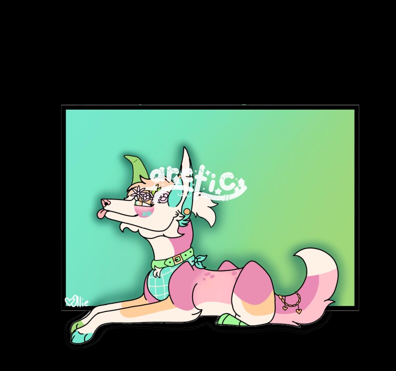 May include: A cartoon illustration of a dog in a relaxed pose, with a pink and white body, and a green collar. The dog has a flower crown and a turquoise and green background. The word "arctic" is written in white cursive.