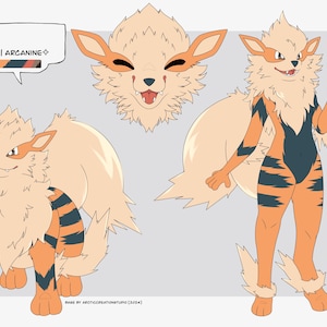 Può includere: Illustrazione di Arcanine, un personaggio Pokémon, in tre pose. Il personaggio è principalmente arancione e color crema, con strisce e accenti neri. L'immagine include un primo piano, una posa a figura intera e una vista laterale. Il testo in un fumetto recita "NAME | ARCANINE".