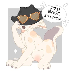 Könnte beinhalten: Illustration eines Cartoon-Hundes mit schwarzem Hut und herzförmiger Sonnenbrille. Der Hund ist cremefarben mit beigefarbenen Flecken und einem grauen Schwanz. Text in einer Sprechblase lautet "P2U BASE 55 EDITS!"