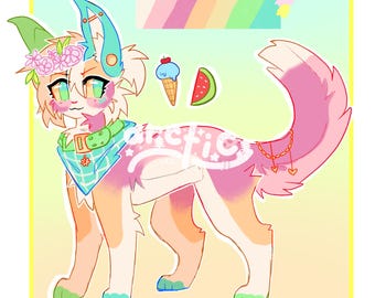May include: A colorful cartoon cat illustration with the name "CALI" at the top. The cat is primarily peach, pink, and white, with green and blue accents. It wears a bandana, flower crown, and has a pink tail. Ice cream and watermelon icons are also present.