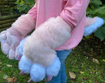 Cute stuffed Furry fursona hand paws with fake leather claws fursuit partial furry adopt fursona cosplay fursuits canine feline cosplay gift