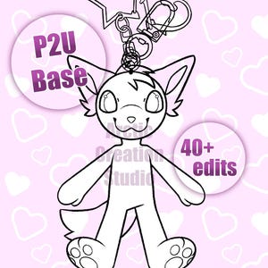 May include: Line art of a cartoon cat character with large eyes, paws, and a tail, designed as a keychain base. The image includes the text "P2U Base" and "40+ edits" on a pink background with heart shapes.