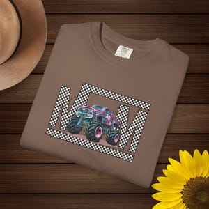 Monster Truck Mom Shirt Retro Checkered Mama Tee, Pink Teal Race Day Top, Boy Mom Gift, Monster Jam Apparel, Trendy Graphic Mom T-Shirt image 1