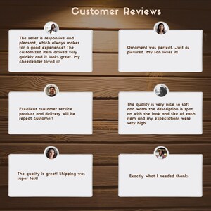 May include: A graphic displaying customer reviews on a wooden background. The text "Customer Reviews" is at the top. Reviews are in white boxes with customer profile pictures. The reviews praise product quality, customer service, and delivery speed.
