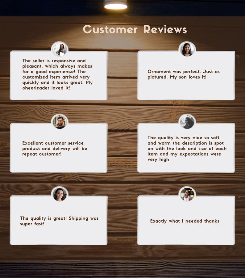 May include: A graphic displaying customer reviews on a wooden background. The text "Customer Reviews" is at the top. Reviews are in white boxes with customer profile pictures. The reviews praise product quality, customer service, and delivery speed.
